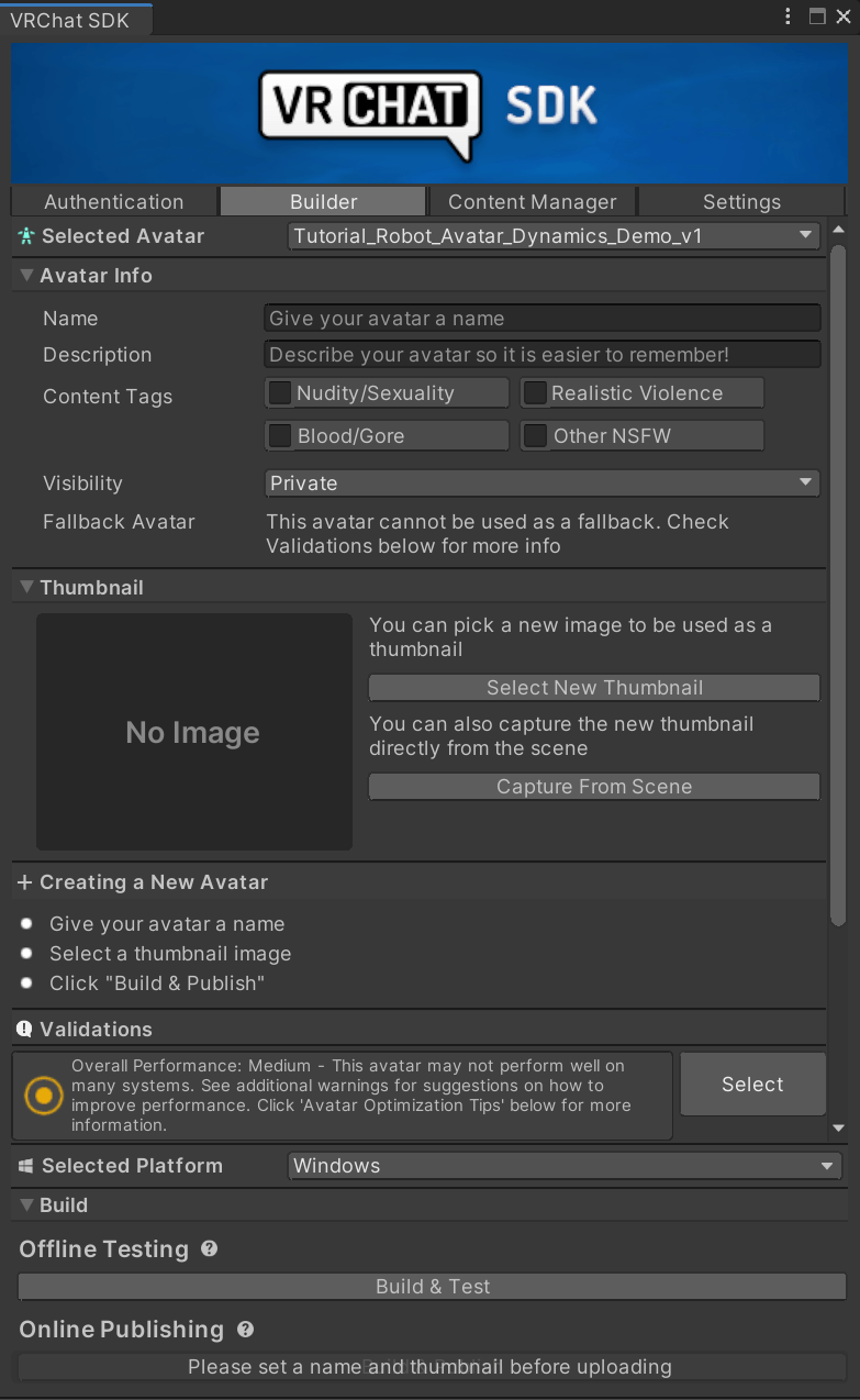 The VRChat SDK build panel.